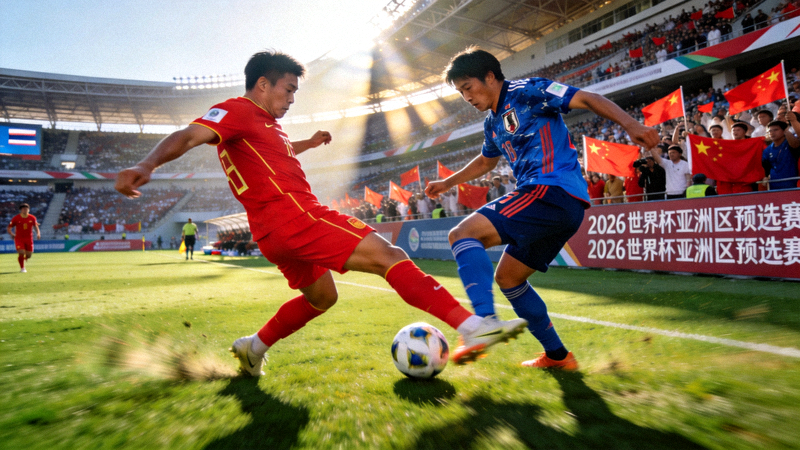 2026年世界杯预选赛亚洲区中国队对阵日本队的激烈比赛现场画面，球员争抢球权